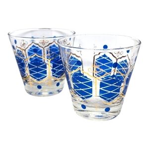 Vintage MCM Barware Double Old Fashioned  Glass Set Gold Guilded Blue Rocks Bar